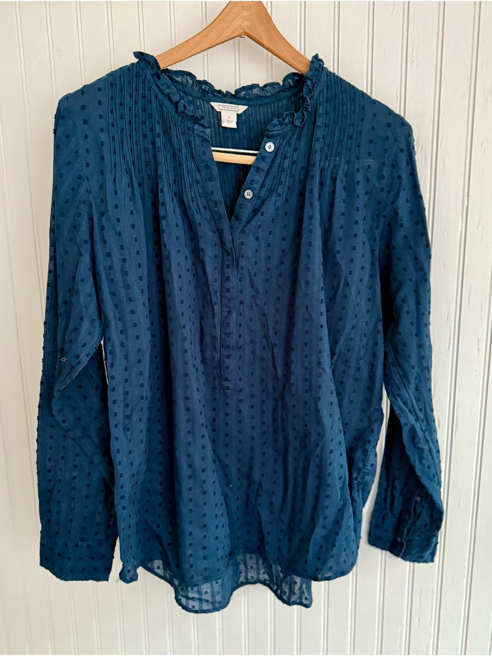 J Crew Point Sur Textured Navy Swiss Dot Button-Front Blouse